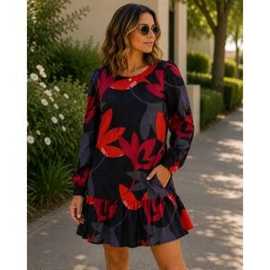 LOFT Petite XSP Navy Red Floral Long Sleeve Ruffle Hem Dress